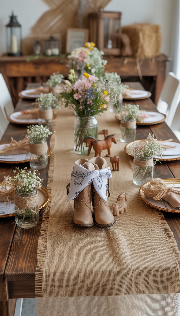 A rustic wooden table decorated for a baby shower with burlap runners, pastel flowers, and cowgirl-themed decorations like miniature cowboy boots and bandanas.